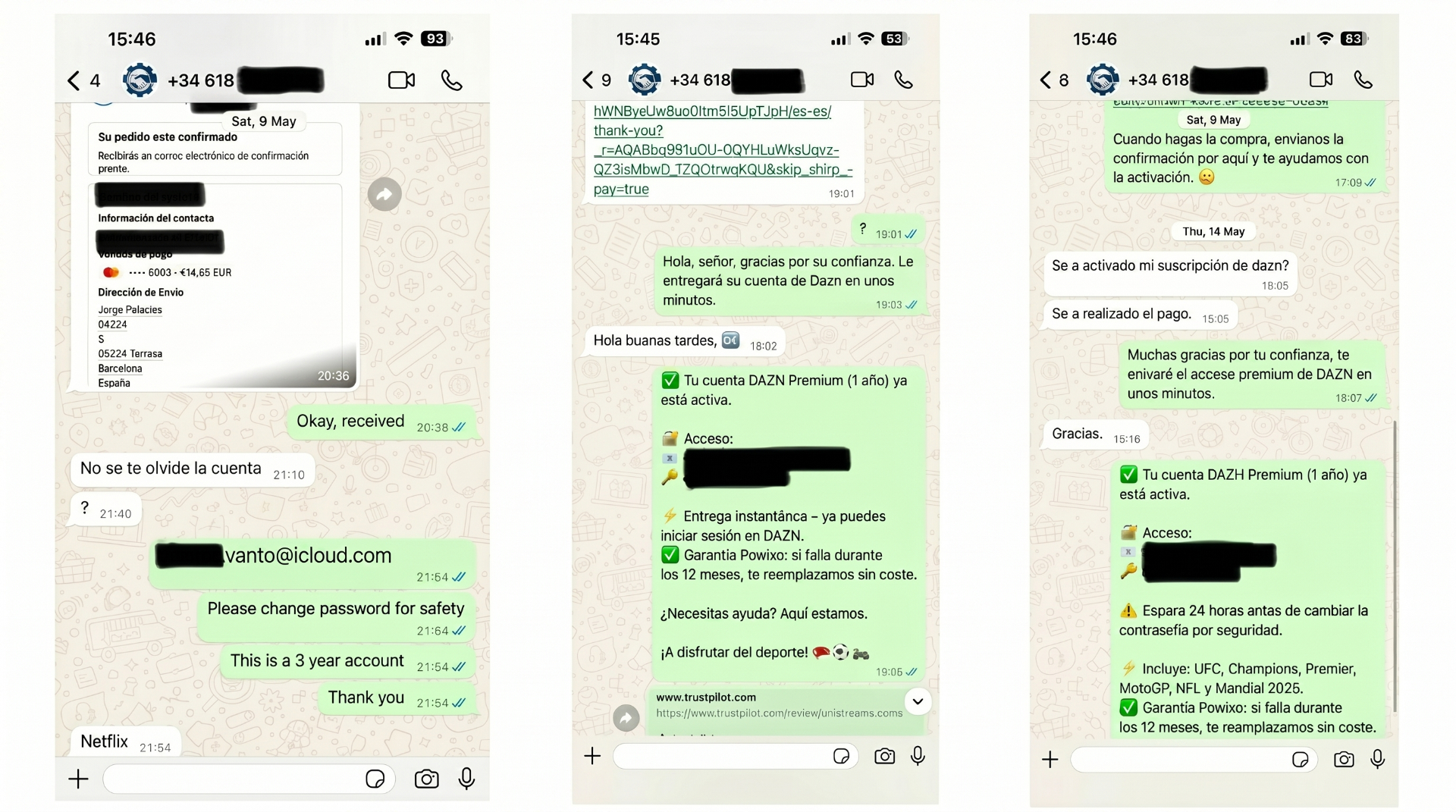 Conversaciones reales de WhatsApp con clientes de Powixo — activación de DAZN y entrega de cuentas